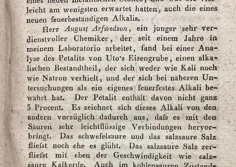 Section of an article where Jons Jakob Berzelius praises and credits the discovery of lithium to August Arfwedson, Journal für Chemie und Physik, vol. 21, p. 45, 1817 (Linda Hall Library)