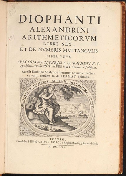 Title page, Arithmeticorvm libri sex, by Diophantus of Alexandia, ed. and transl. by Claude Bachet, with notes by Samuel de Fermat, 1670 (Linda Hall Library)