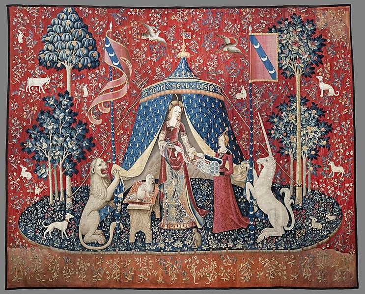 À mon seul désir, one of the Lady and the Unicorn tapestries, discovered in 1841 by Prosper Mérimée and George Sand, now in the Musée national du Moyen Âge, Paris (Wikimedia commons)