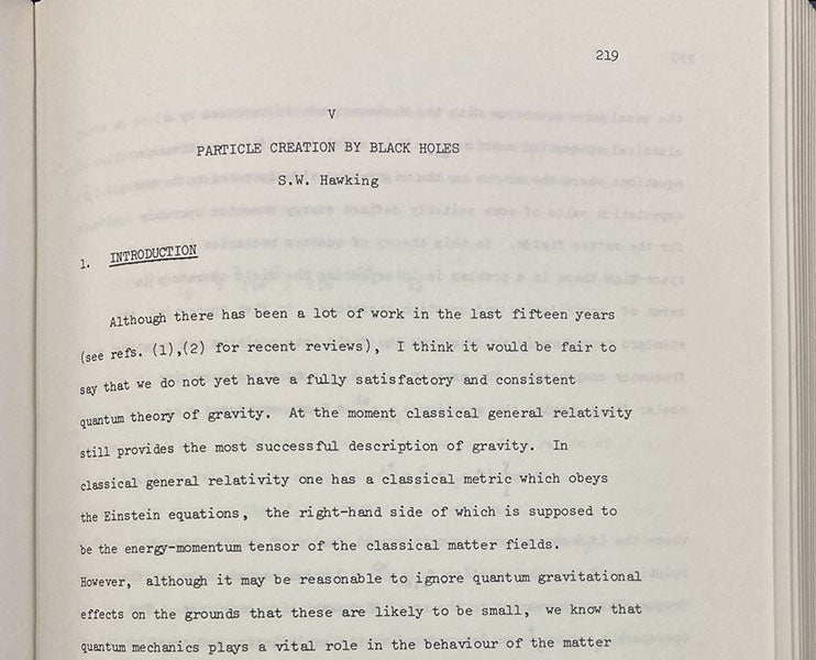 Detail of first page of “Particle creation by black holes,” by Stephen W. Hawking, in Quantum gravity: An Oxford Symposium, ed. by C. J. Isham, R. Penrose, and D. W. Sciama, p. 219, 1975 (Linda Hall Library)