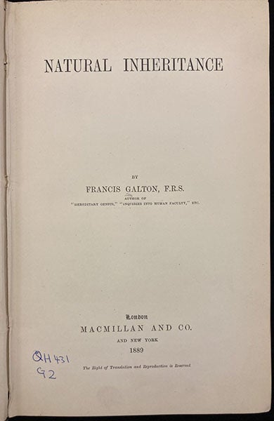 Title page, Natural Inheritance, by Francis Galton, 1889 (Linda Hall Library)
