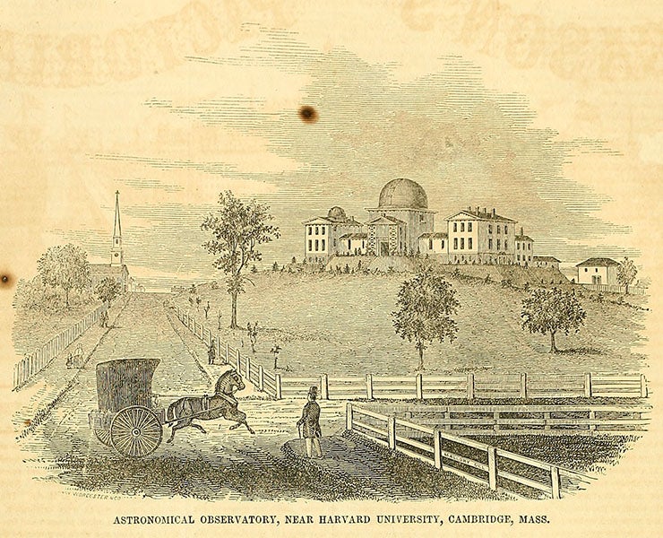The buildings of Harvard College Observatory, Cambridge, Mass., with the large dome for the Great Refractor, woodcut, 1851, courtesy of Tom Fine (hea-www.harvard.edu/~fine)