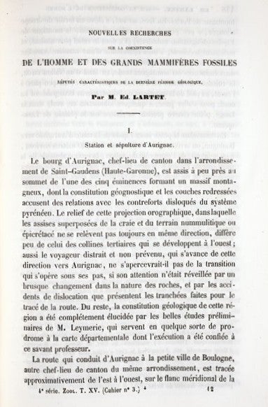 Lartet’s paper in Annales des sciences. Image source: Lartet, Edouard. "Nouvelle recherches sur la coexistence de l'homme et des grands mammiferes fossils..." Annales des sciences naturelles, 4th ser., Zoologie et Paleontologie, vol. 15, 1861, p. 177.