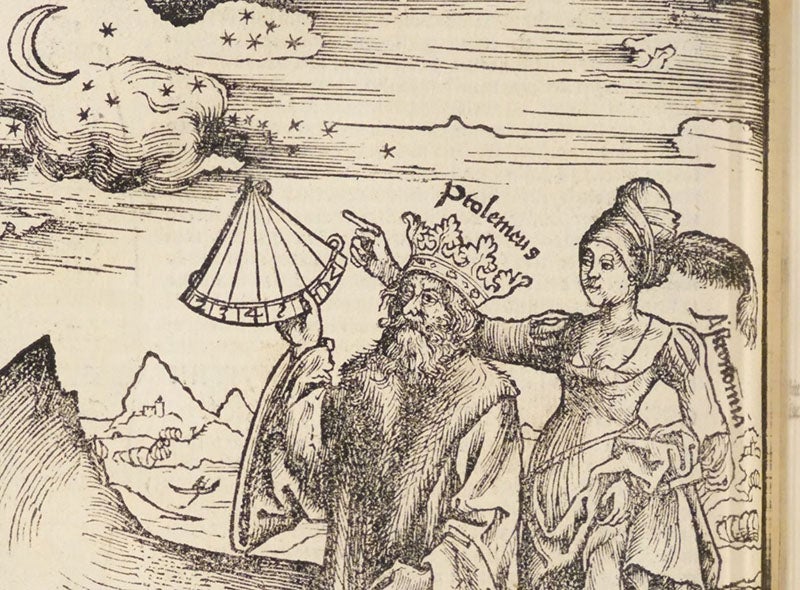 The ancient Geek astronomer Ptolemy of Alexandria in consultation with a personification of Astronomy, detail of a woodcut in Margarita philosophica cu[m] additionibus nouis, by Gregor Reisch, 1517 (Linda Hall Library)