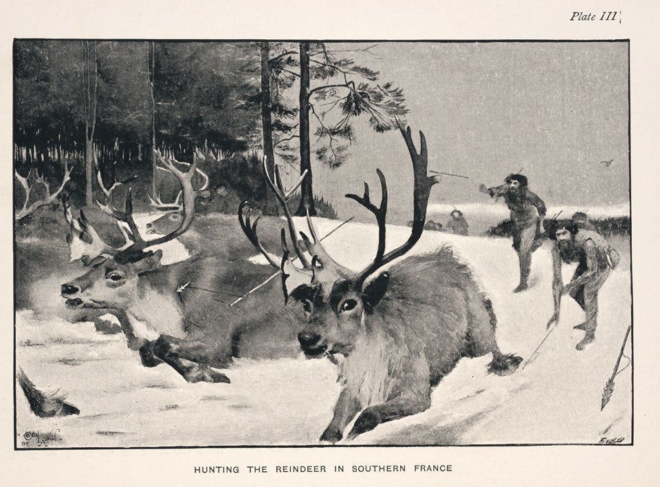 Reindeer hunt. Image source: Hutchinson, Henry Neville. Prehistoric Man and Beast. London: Smith, Elder, 1896, pl. 3. 