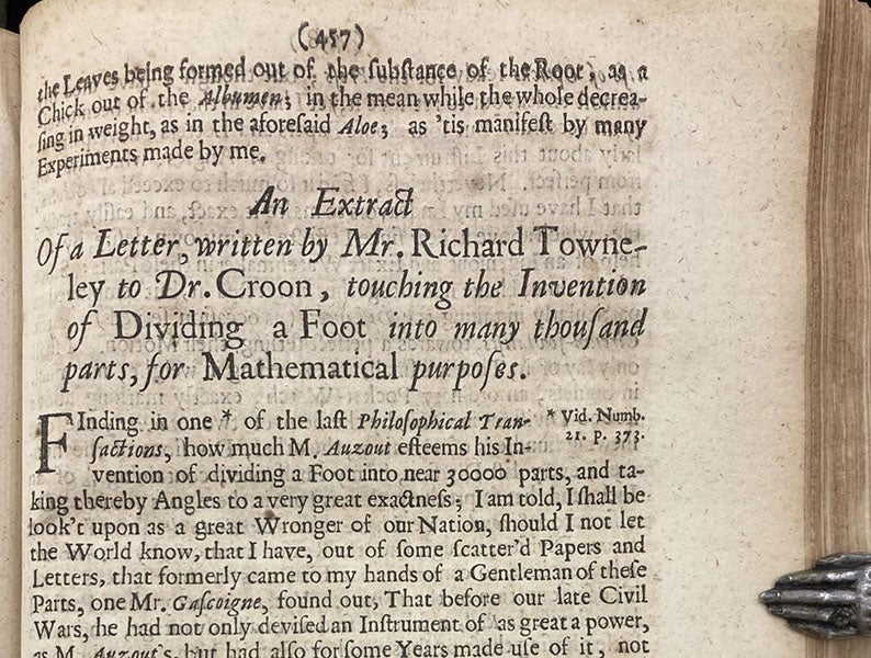 First paragraph of article on William Gascoigne’s micrometer, by Richard Towneley, Philosophical Transactions of the Royal Society of London, vol. 2,  no. 25, p. 457, 1667 (Linda Hall Library, copy 1)