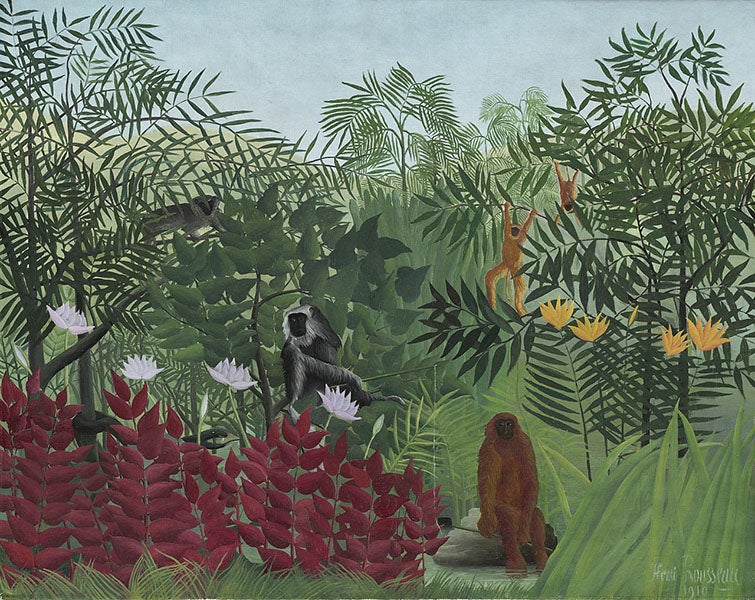 Tropical Forest with Monkeys, oil on canvas, by Henri Rousseau, 1910, National Gallery of Art, Washington, D.C. (Wiimedia commons)