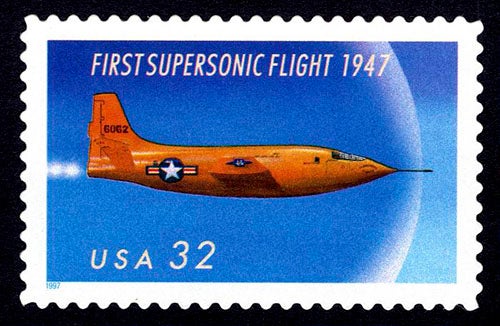 U.S. postage stamp honoring the Bell X-1, issued Oct. 14, 1997, on the 50th anniversary of the first supersonic flight, National Postal Museum, Smithsonian Institution (postalmuseum.si.edu)