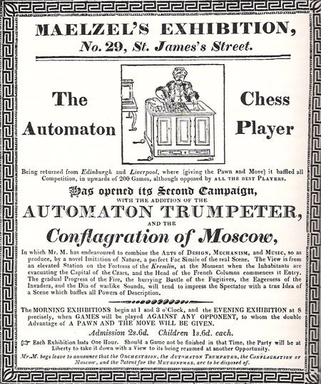 Broadsheet advertising an appearance of The Turk, the Panharmonicon, the Trumpeter, and the Conflagration of Moscow panorama, in London, ca 1820 (Wikimedia commons)