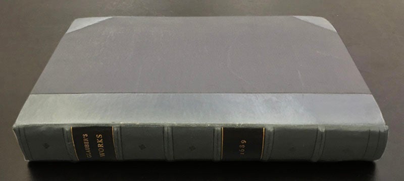 The spine and binding of the Library’s copy of Johann Glauber, Works, 1689 (Linda Hall Library)