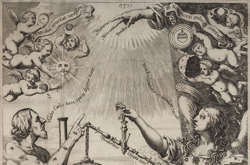 Depictions of the Sun-centered planets on the left and the Earth-centered planets on the right, detail of the top of the second image (Linda Hall Library)