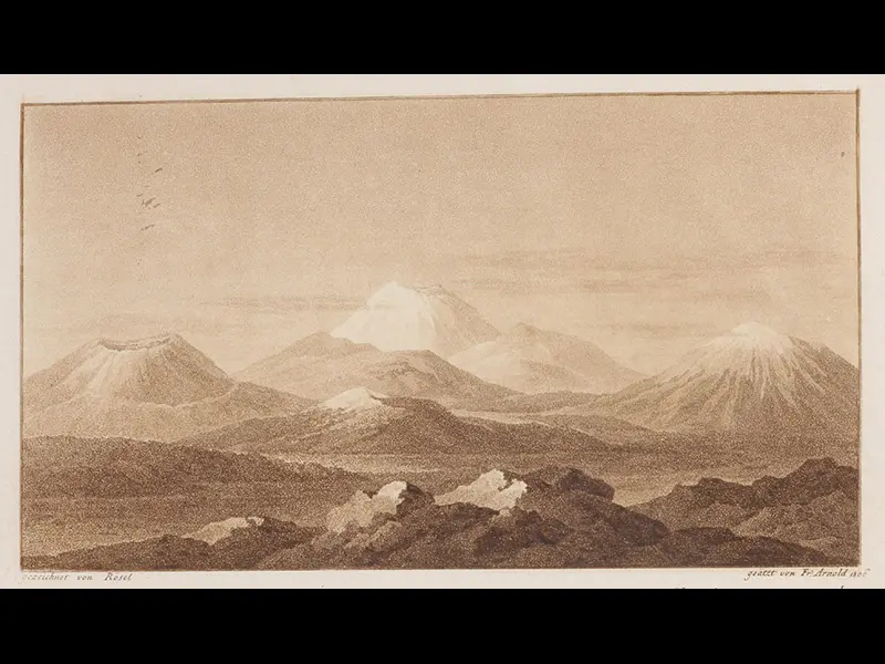 Geognostische Beobachtungen auf Reisen durch Deutschland und Italien, volume 2, frontispiece contains the image of the Puy de Dôme and other mountain ranges from afar.