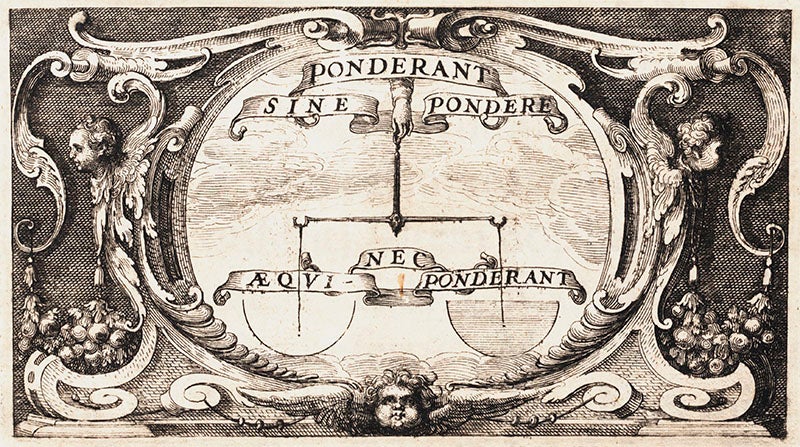 Title page vignette, engraving, detail of title page of Paul Guldin, <i>De centro gravitatis</i> (1635-41), vol. 1 (Linda Hall Library)