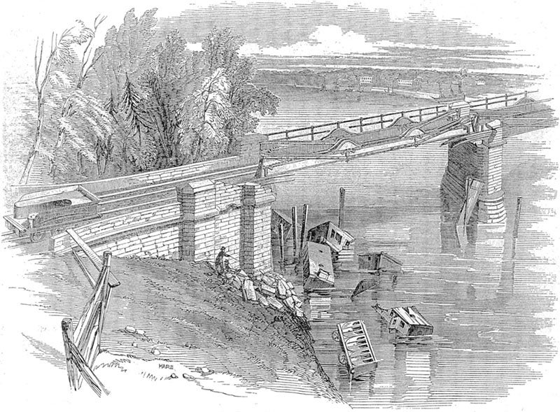 The Dee bridge disaster at Chester, bridge designed and built by Robert Stephenson, wood engraving in The Illustrated London News, June 12, 1847 (Wikimedia commons)