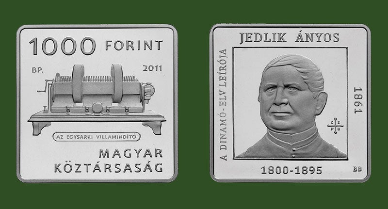 Comemmorative coin issued by the National Bank of Hungary in 2011 that honors Ányos Jedlik “the developer of the dynamo principle” (Coin & Currency Institute)