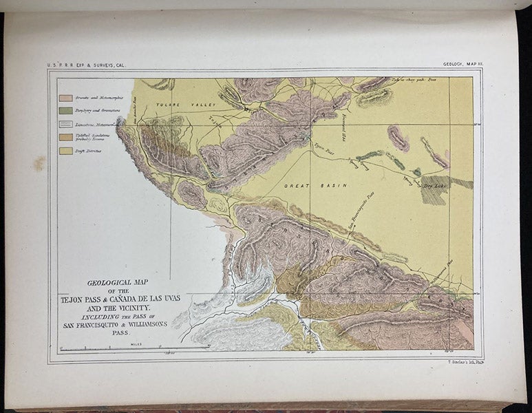 Geological map of Tejon Pass linking southern California to the Central Valley, engraving in Report of Explorations in California for Railroad Routes, by Robert S. Williamson (Pacific Railroad Reports, vol. 5), map plate 3, 1855 (Linda Hall Library)