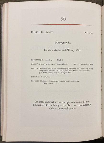 Description of item 50, Robert Hooke, Micrographia, 1665, in One Hundred Books Famous in Science, by Harrison D. Horblit, 1964 (Linda Hall Library)