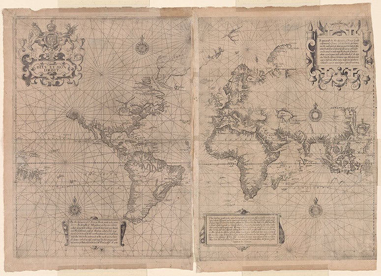 Wright-Molyneux world map, Mercator projection, on two sheets, 25” by 17”, 1599, New York Public Library (digitalcollections.nypl.org)