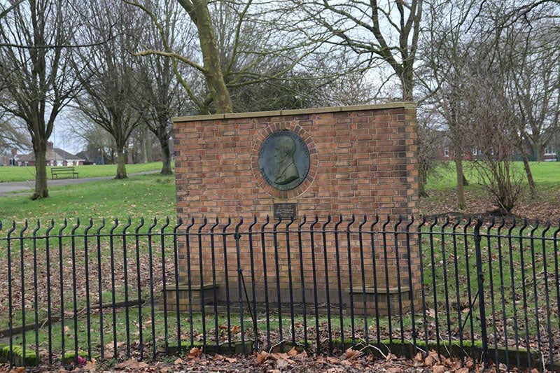 Memorial for Thomas Wedgwood, with portrait plaque, by Eric Owen, 1953, Etruria Road, Stoke-on-Trent, Staffordshire, commissioned by the Society of Staffordshire Photographers (artuk.org)