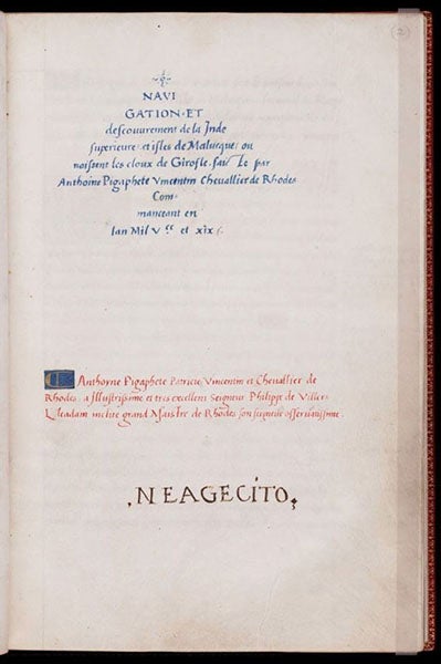 Title page, Navigation et decouvrement de la Inde superieure et isls de Malucque, translation of Relazione del primo viaggio intorno al mondo, by Antonio Pigafetta, Beinecke MS 351 (collections.library.yale.edu)