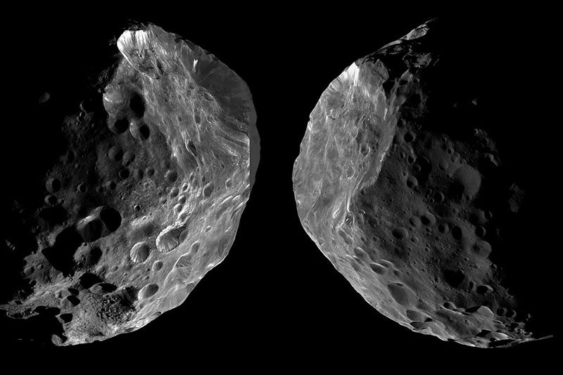 Two views of Saturn’s outer and irregular moon, Phoebe, as Cassini flew by on June 11, 2004, never to return, NASA (Wikimedia commons)