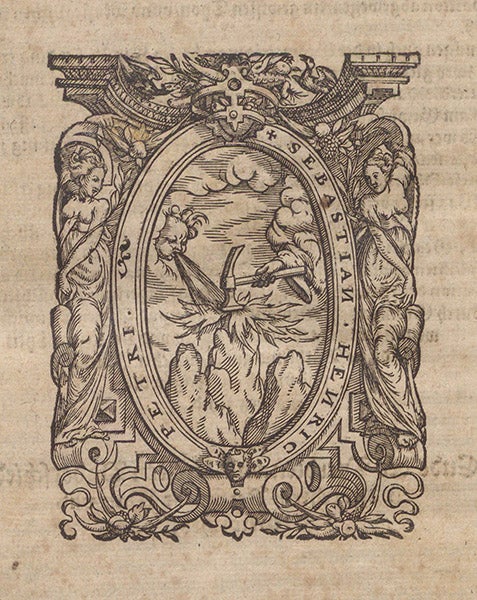 Printer’s mark for Sebastian Henricpetri, woodcut, Bawkunst, oder, Architectur, by Walther Hermann Ryff, 3rd ed., last page, 1582 (The Linda Hall)