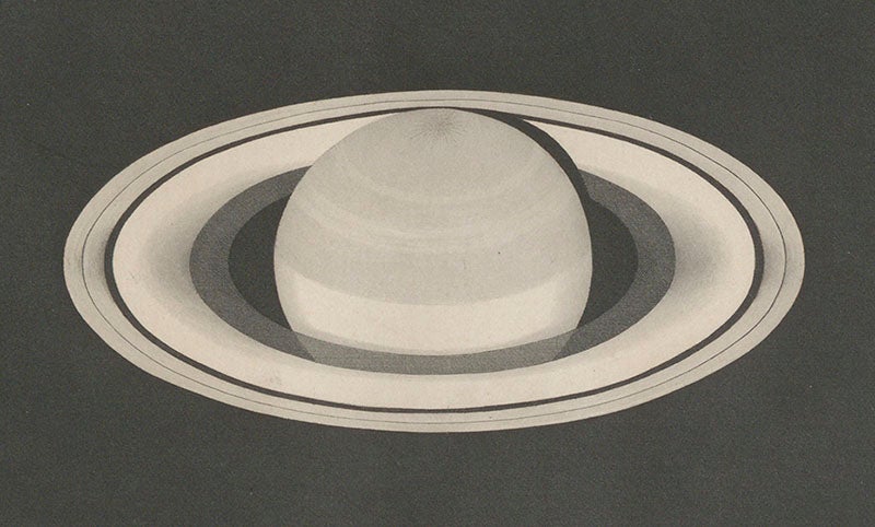 Saturn and its ring system, including its innermost ring, the recently discovered  “crepe ring,” detail of our fifth image, Richard A. Proctor, <i>Saturn and its System</i>, 1865 (Linda Hall Library)