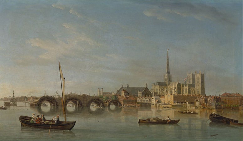 The Building of Westminster Bridge, oil on canvas, by Samuel Scott, ca. 1742, Yale Center for British Art (collections.britishart.yale.edu)