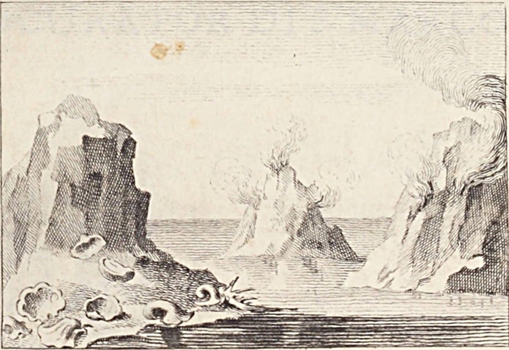 Engraving showing new volcanic island. Image source: Moro, Antonio Lazzaro. De’ crostacei e degli altri marini corpi che si truovano su’ monti. Venice: Appresso Stefano Monti, 1740.
View Source »