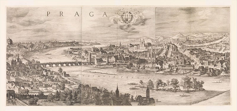 The Charles Bridge, with Old Town to the right (east), detail of panorama of Prague, etching by Johannes Wechter, after Philip van den Bossche, published by Aegidius Sadeler II, 1606, Metropolitan Museum of Art (metmuseum.org)