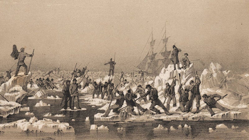 “Breaking a passage in the ice,” engraving by George Back in his Narrative of an Expedition in H.M.S. Terror, 1838 (Linda Hall Library)