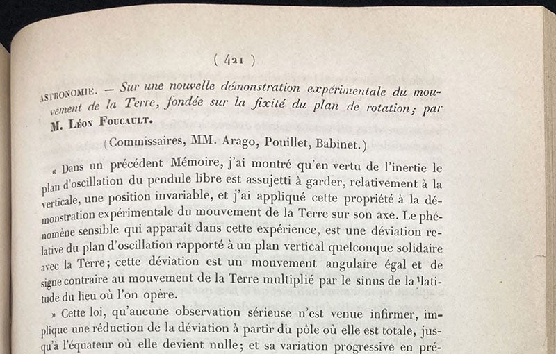First paragraph, "Astronomie: Sur une nouvelle démonstration expérimentale du mouvement de la Terre, fondée sur la fixité du plan de rotation,” by Léon Foucault, Comptes rendus hebdomadaires des séances de l'Académie des Sciences, 1852, vol. 35, p. 421 (Linda Hall Library)