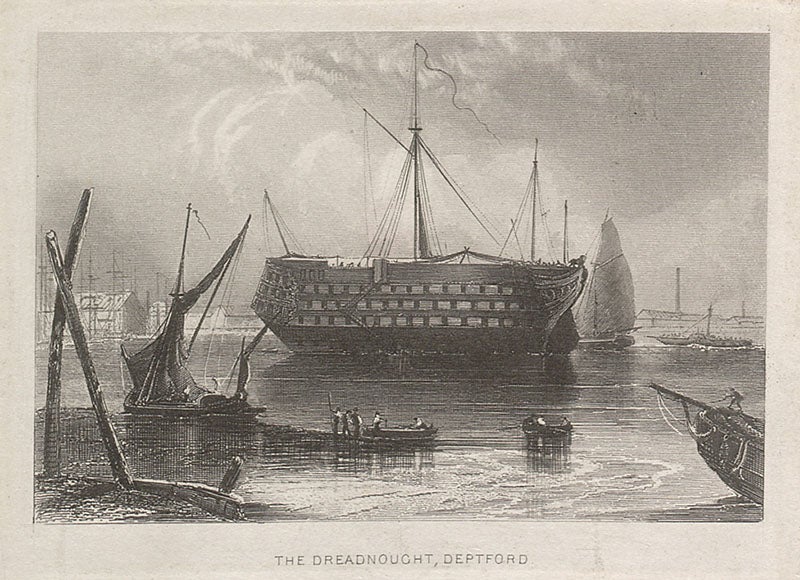 HMS Dreadnought, a hospital ship at Depford, where George Busk was surgeon until 1855 (British Library)