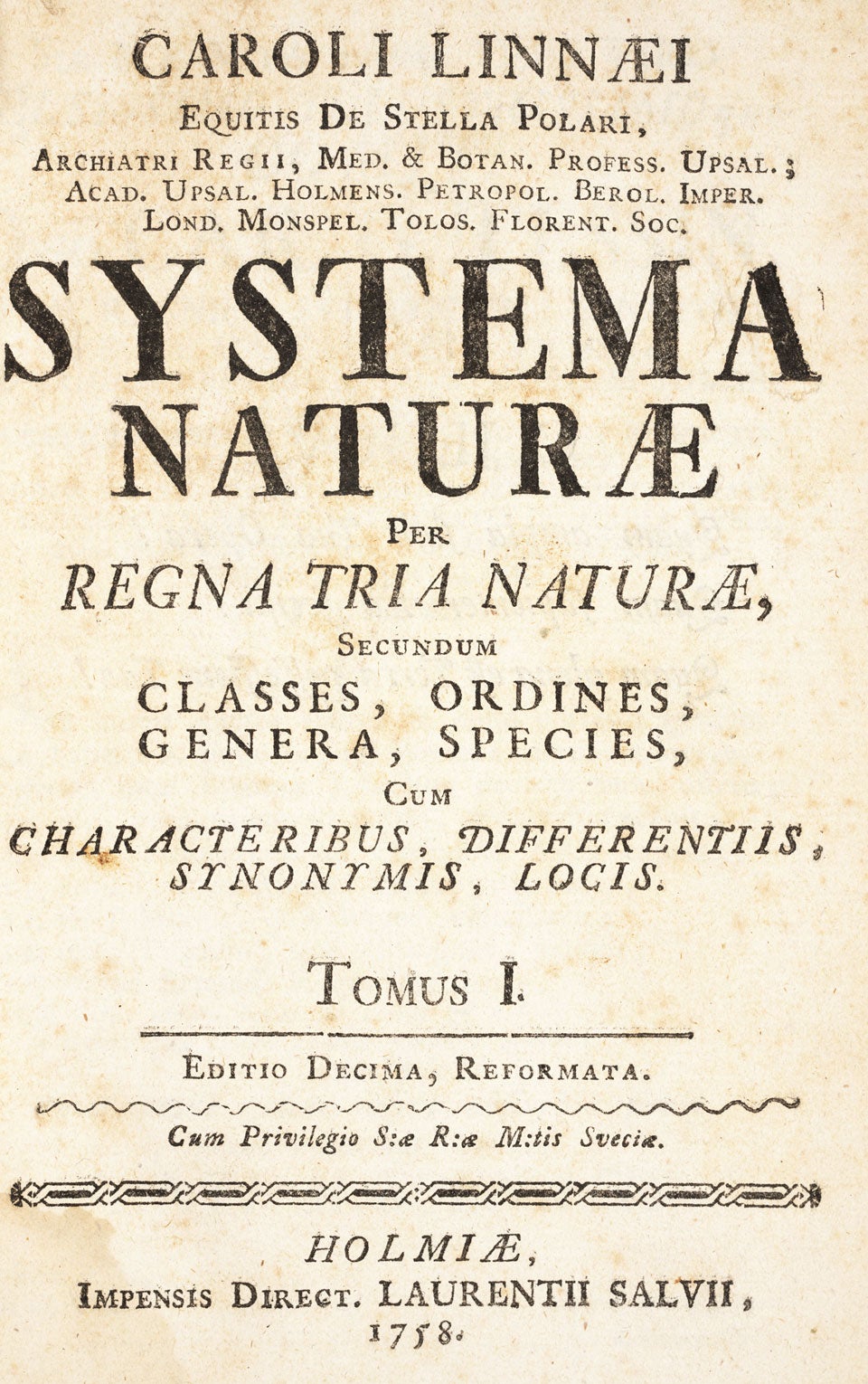 Title page to Systema Naturae. Image source: Linné, Carl von. Systema naturae per regna tria naturae: secundum classes, ordines, genera, species. Ed. 10, vol. 1, reformata. Stockholm: Impensis L. Salvii, 1758, title page.
