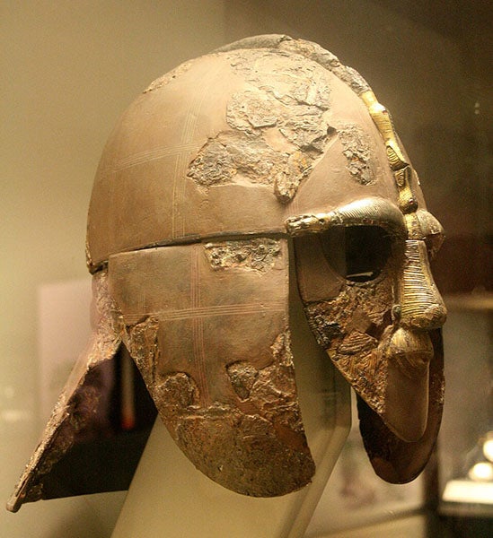 Helmet from the Sutton Hoo ship burial, dating to ca 625 CE, British Museum (Wikimedia commons)