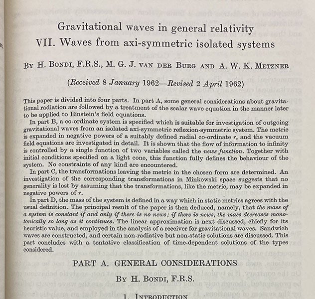 First page of article on gravitational waves and general relativity, by Hermann Bondi et al, Proceedings of the Royal Society of London, vol 269A, 1962 (Linda Hall Library)