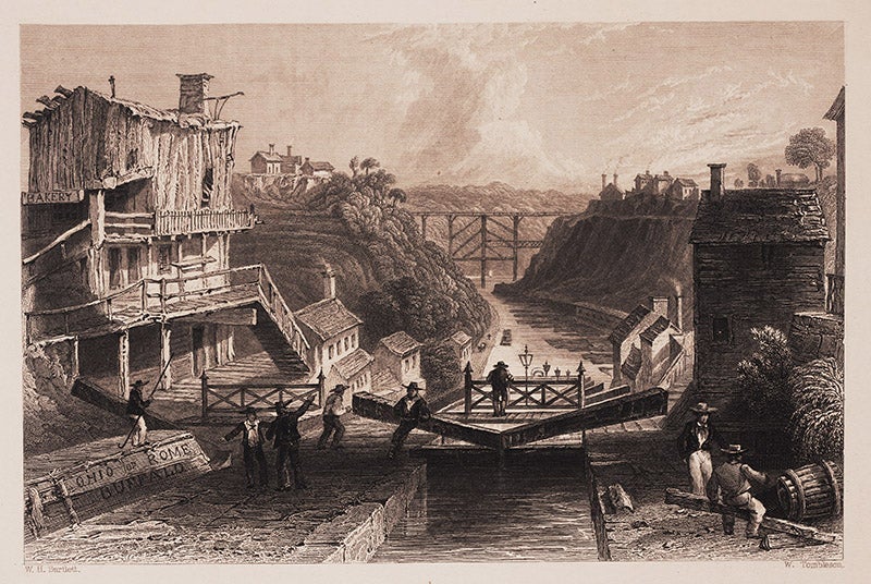 “A lock on the Eric Canal,” steel engraving, from William Henry Bartlett, <i>American scenery</i>, 1840 (Linda Hall Library)