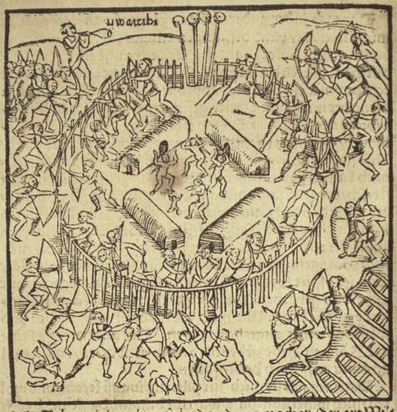 Tupinamba warriors defending their encampment from attack by enemies, woodcut, in Warhaftige Historia und Beschreibung, by Hans Staden, 1557 (Biblioteca Nacional do Rio de Janeiro via archive.org)