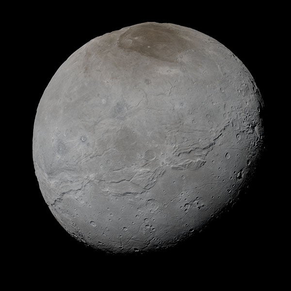 Charon, the largest moon of Pluto, imaged by the New Horizons spacecraft, July 14, 2015 (pluto.jhuaspl.edu)