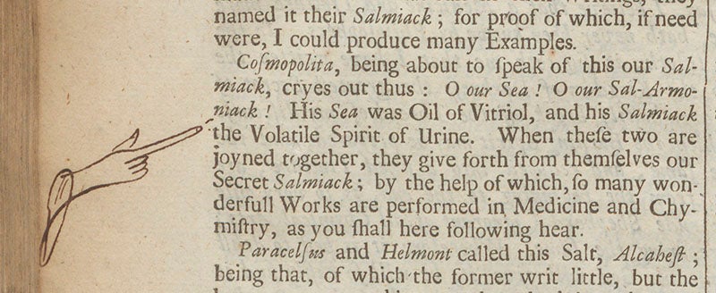 Hand-drawn “manicule” in the margin of Johann Glauber, Works, 1689 (Linda Hall Library)