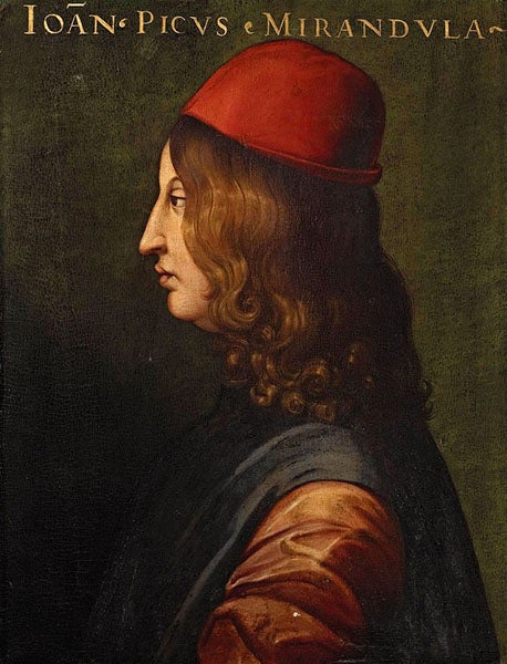 Portrait of Giovanni Pico della Mirandola, posthumous, by Cristofano dell’Altissimo, Uffizi Gallery, Florence, late 16th c. (Wikimedia commons)