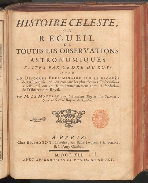 Title page, Histoire céleste, by Pierre-Charles Le Monnier, 1741 (Linda Hall Library)