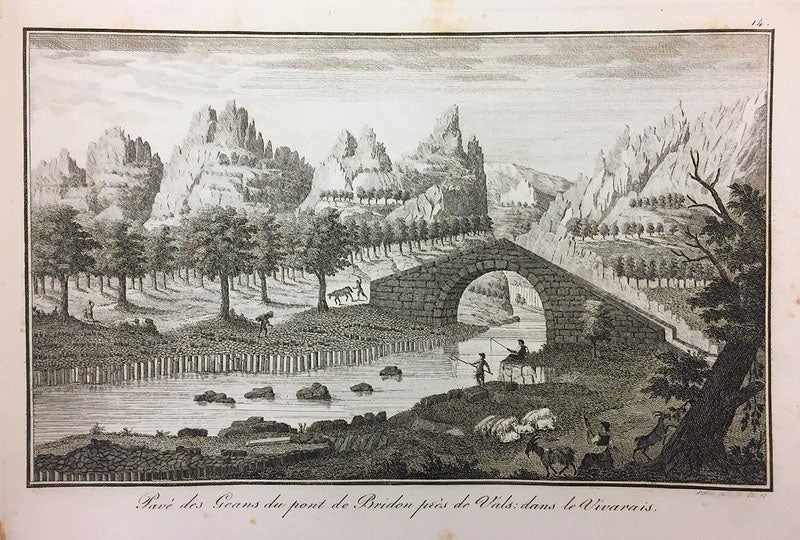 Columnar basalt formation in the Vivarais region of France, cut by a stream, engraving, in Scipione Breislak, <i>Atlas geologique</i>, 1818 (Linda Hall Library)