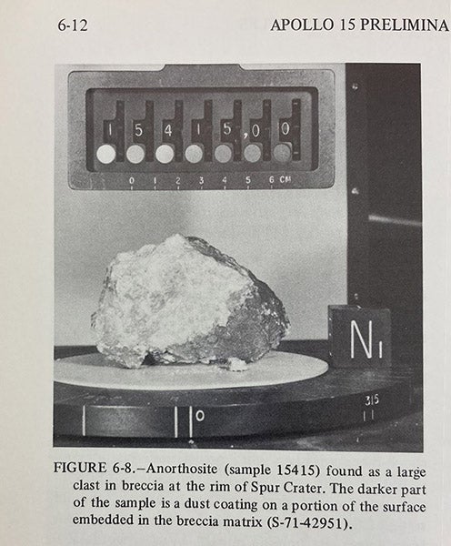 The Genesis Rock, a chunk of anorthosite, thought at the time to be primordial, retrieved from the lunar surface by James Irwin and David Scott, photographed in the Lunar Lab in Houston, Apollo 15: Preliminary Science Report, NASA Special Publications (SP-289), 1972 (Linda Hall Library, Documents Collection)