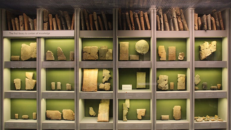 British Museum display of items from the Library of Ashurbanipal at Nineveh, excavated and sent back to the Museum by Hormuzd Rassam, 1853-54 (Wikimedia commons)