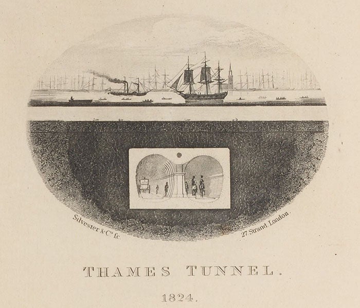 Longitudinal section of the River Thames, with an imagined completed tunnel, detail of half-title engraving, An Explanation of the Works of the Tunnel under the Thames from Rotherhithe to Wapping, by the Thames Tunnel Company, 1836 (Linda Hall Library)