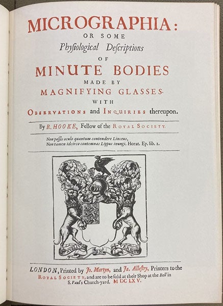Facsimile of the title page for item 50, Robert Hooke, Micrographia, 1665, in One Hundred Books Famous in Science, by Harrison D. Horblit, 1964 (Linda Hall Library)