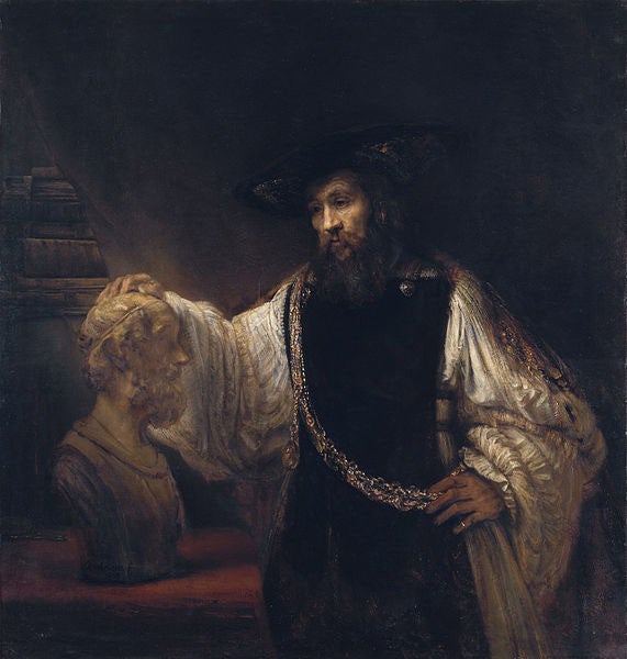 Aristotle with a Bust of Homer, oil painting by Rembrandt, 1653, Metropolitan Museum of Art, New York (Wikimedia commons)