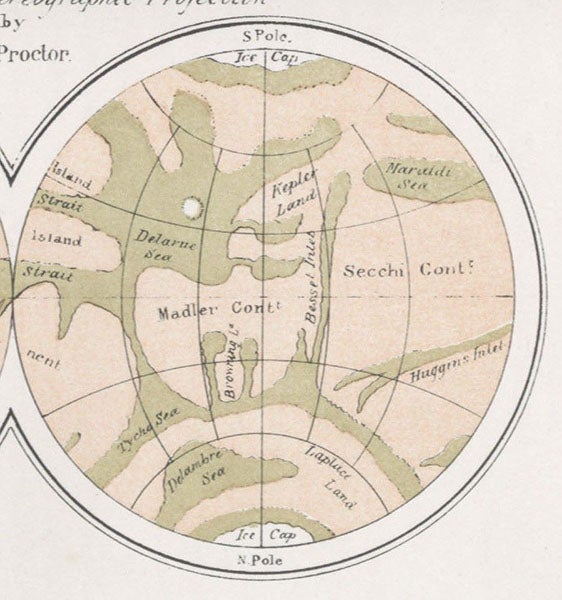 The right hemisphere of Mars in a map of Mars by Richard A. Proctor, in his Other Worlds than Ours, fifth London ed., 1882 (Linda Hall Library)