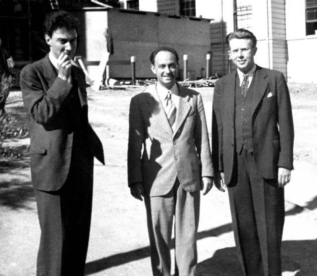 J. Robert Oppenheimer at left, with Enrico Fermi and E.O. Lawrence, photograph, 1941? (Wikimedia commons)
